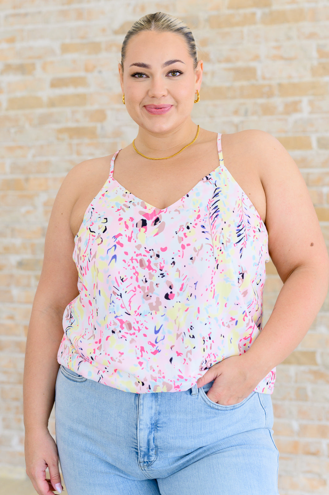 Front view of Scarlett Pink Watercolor Printed Cami with V-neck and adjustable straps.