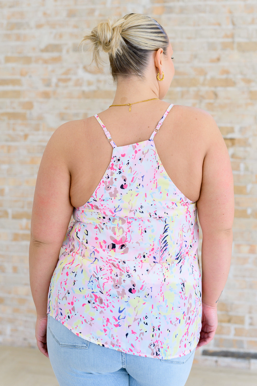 Back view of Scarlett Pink Watercolor Printed Cami, showing adjustable straps and smooth, fully lined finish.