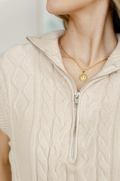 Close up zipper view of Ashton Cable Knit Vest