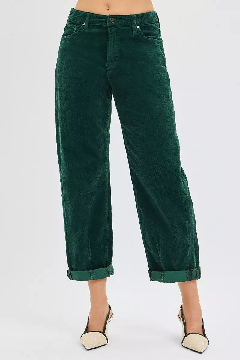Front view Greer High Rise Barrel Corduroy Pants in hunter green.