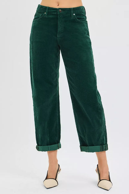 Front view Greer High Rise Barrel Corduroy Pants in hunter green.