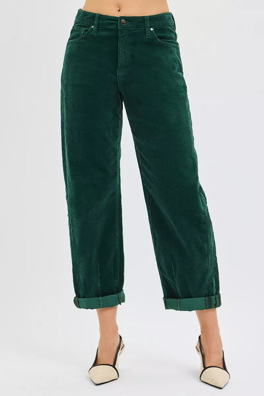 Front view Greer High Rise Barrel Corduroy Pants in hunter green.