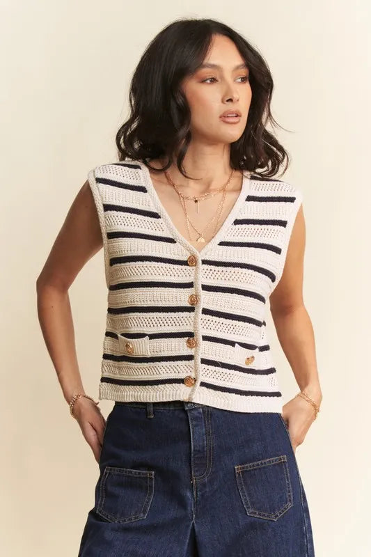 Gwen cropped striped sweater vest top in white – trendy sleeveless knit for summer layering.
