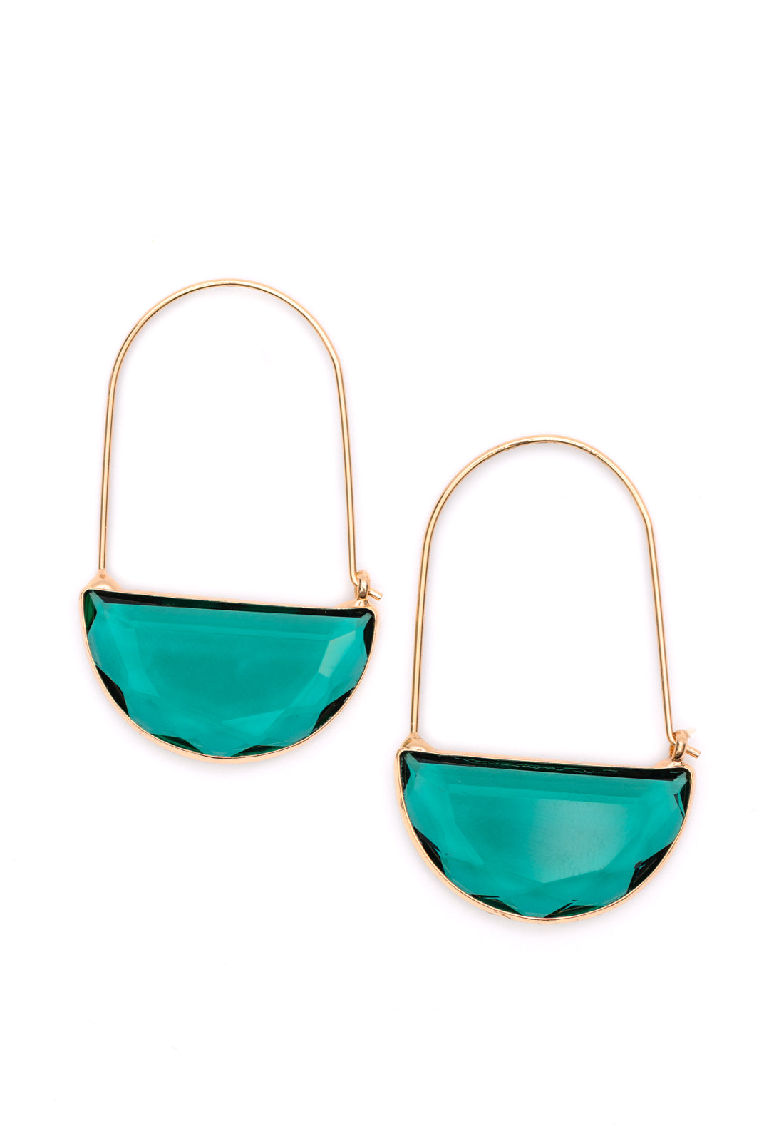 Half Circle Crystal Earrings made of 18K gold-plated metal with teal-colored glass in a half-moon shape, with a safety hook closure. 