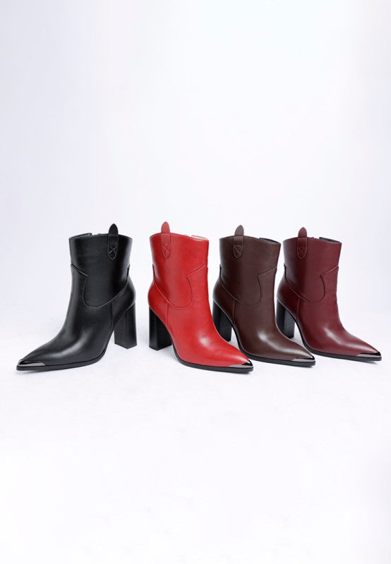 All variants of Hatter Pointed Toe Boots side by side in black, red, burgundy, and brown vegan leather