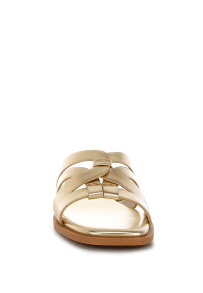 Front toe view of Heble Metallic Slip Ons by Rag Company showing open square toe design.