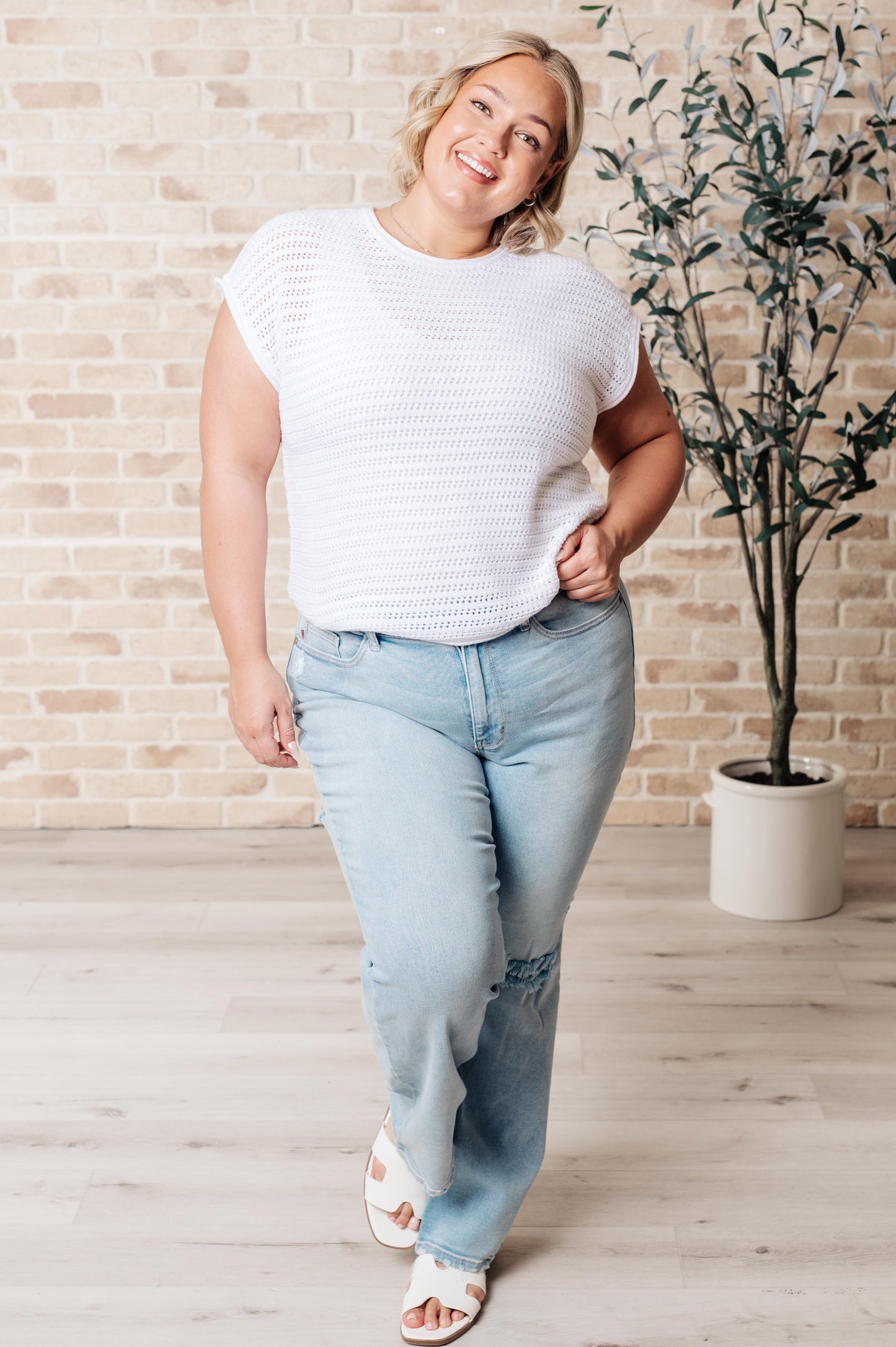 White plus size Callie Open Knit Cap Sleeve Sweater, lightweight airy knit, ribbed cuffs, and dolman sleeves for versatile wear.