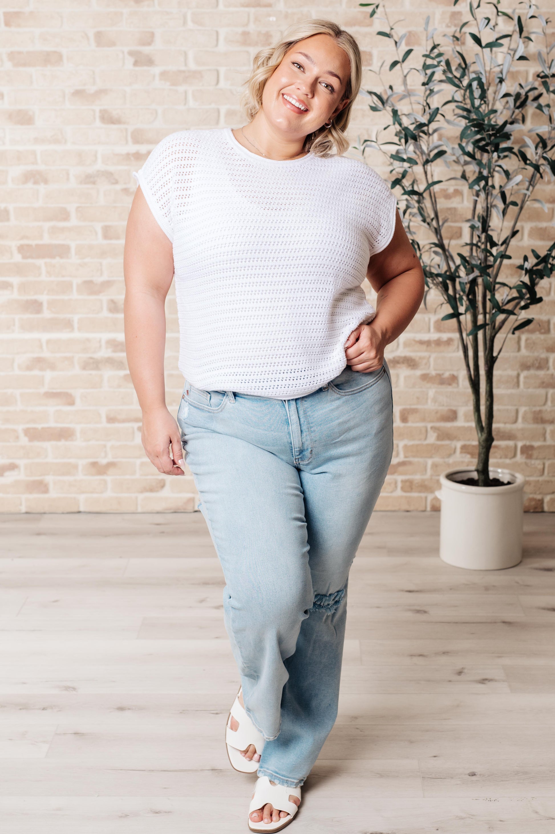 White plus size Callie Open Knit Cap Sleeve Sweater, lightweight airy knit, ribbed cuffs, and dolman sleeves for versatile wear.