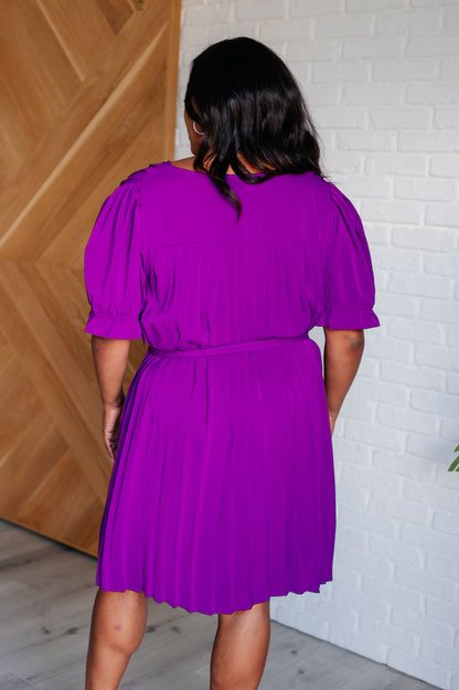 Plus size back view of Hoda Pleated Chiffon Dress with pleated chiffon overlay and flattering self-tie belt.