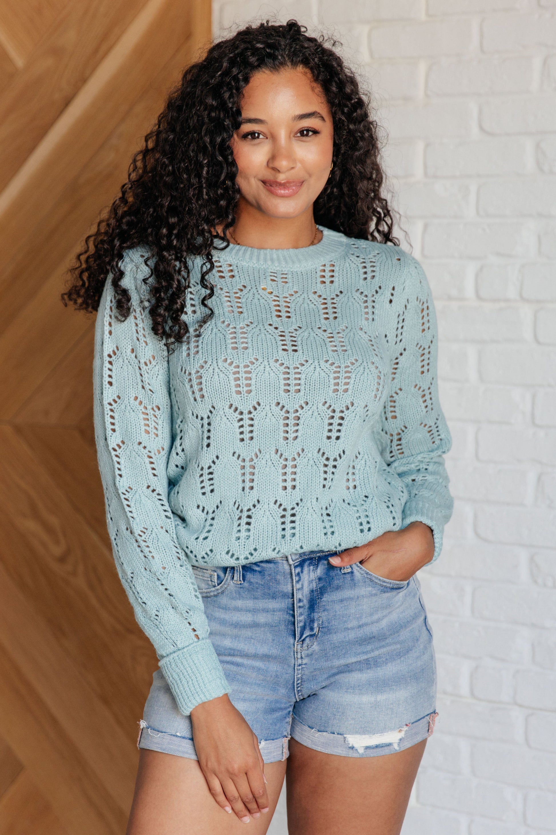 Light blue pointelle knit sweater with a round neckline, long cuffed sleeves, and sheer, lightweight fabric.