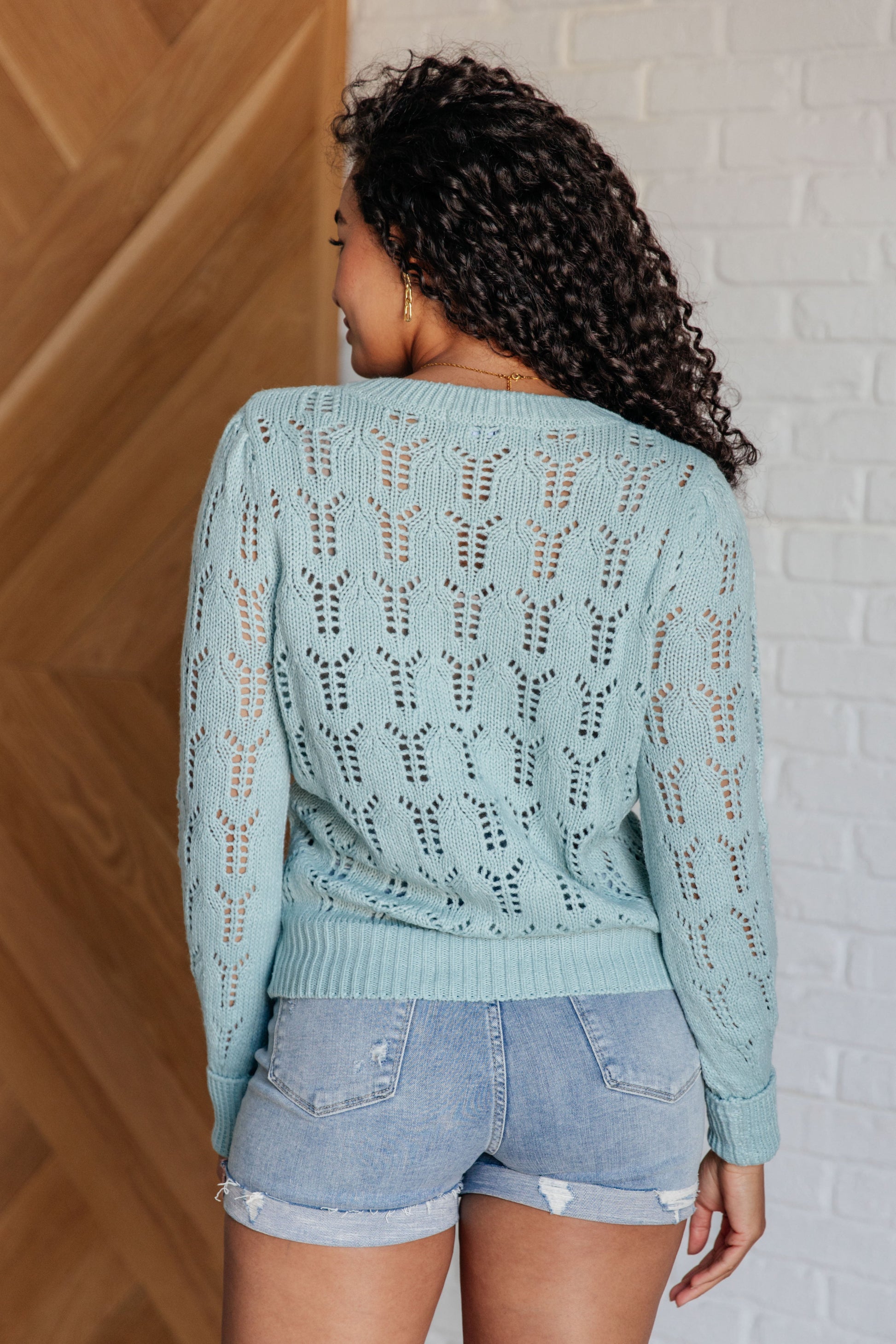 Light blue pointelle knit sweater with a round neckline, long cuffed sleeves, and sheer, lightweight fabric.