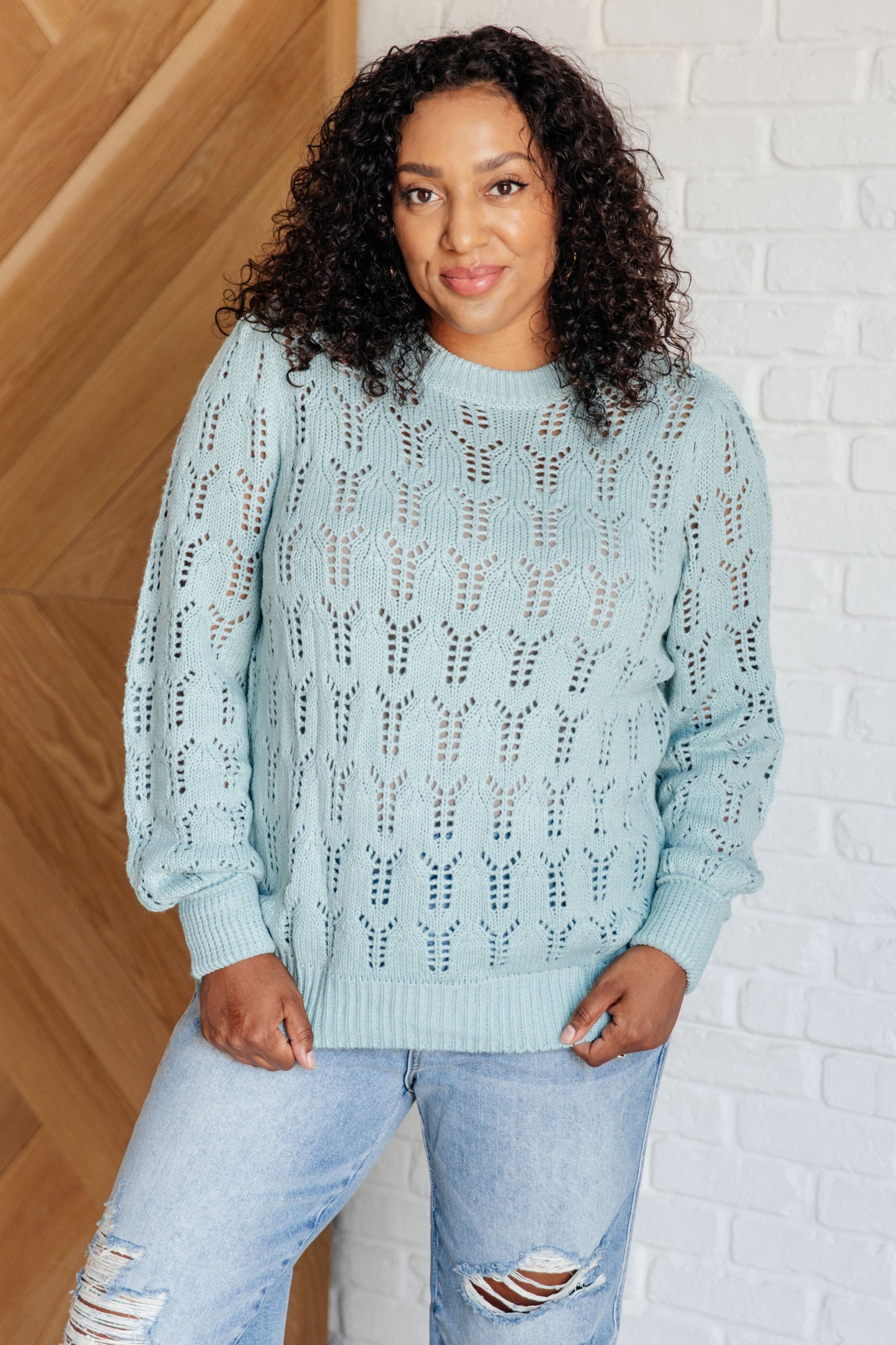 Light blue pointelle knit sweater with a round neckline, long cuffed sleeves, and sheer, lightweight fabric.