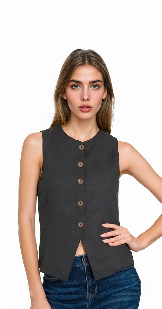Laurie black linen button down vest for women – lightweight sleeveless layering piece with pockets, perfect for spring and summer styling.