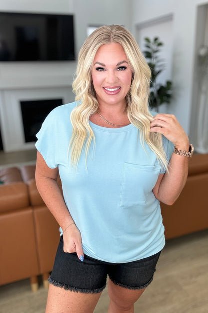 Plus size Briar Pocket Tee in Blue, dolman sleeves, side slits, and front pocket for easy, flattering style.