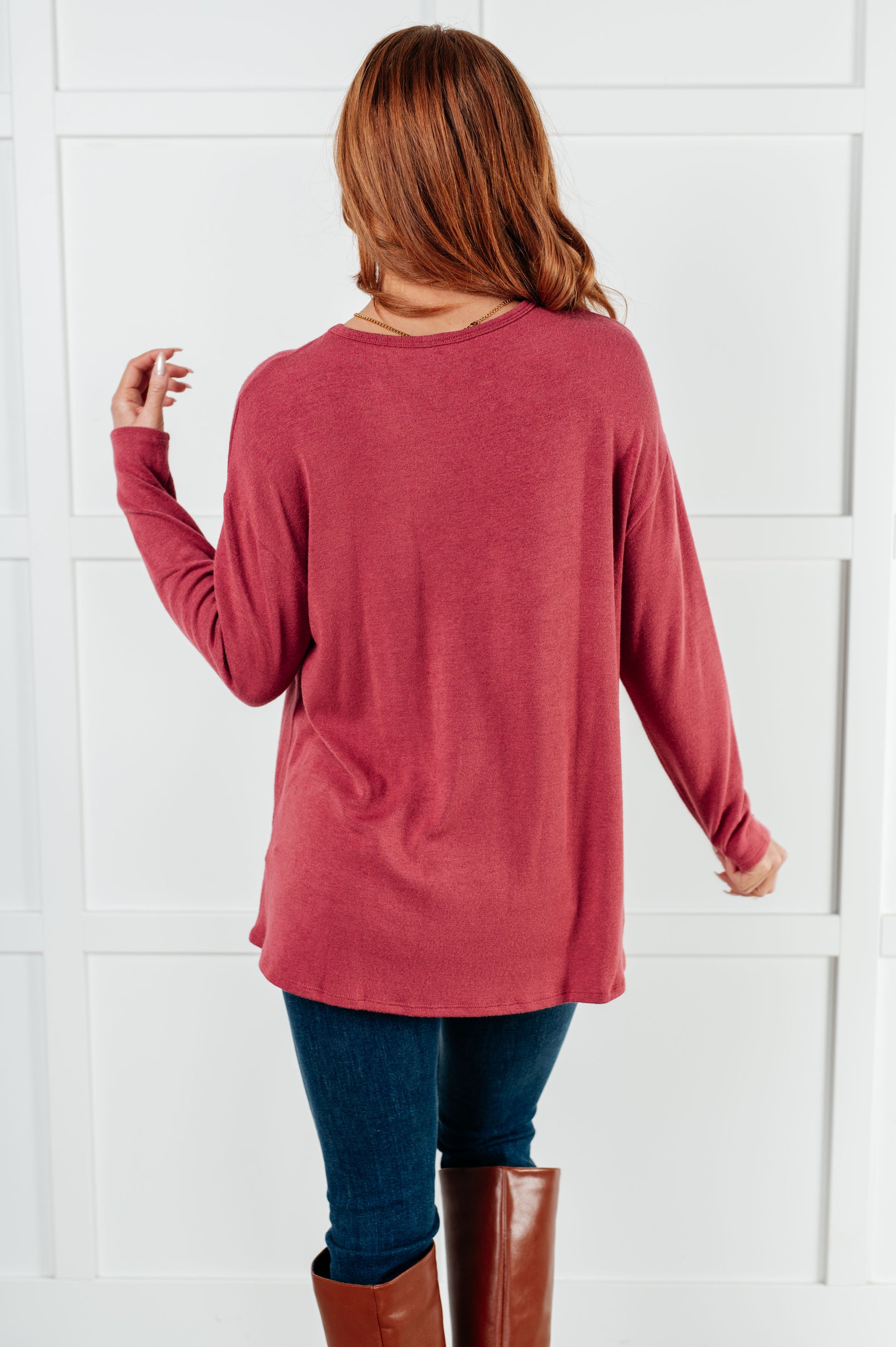 Corey Long Sleeve Top in Berry, made of lightweight brushed hacci knit fabric with a drop shoulder design for a cozy and stylish fit.