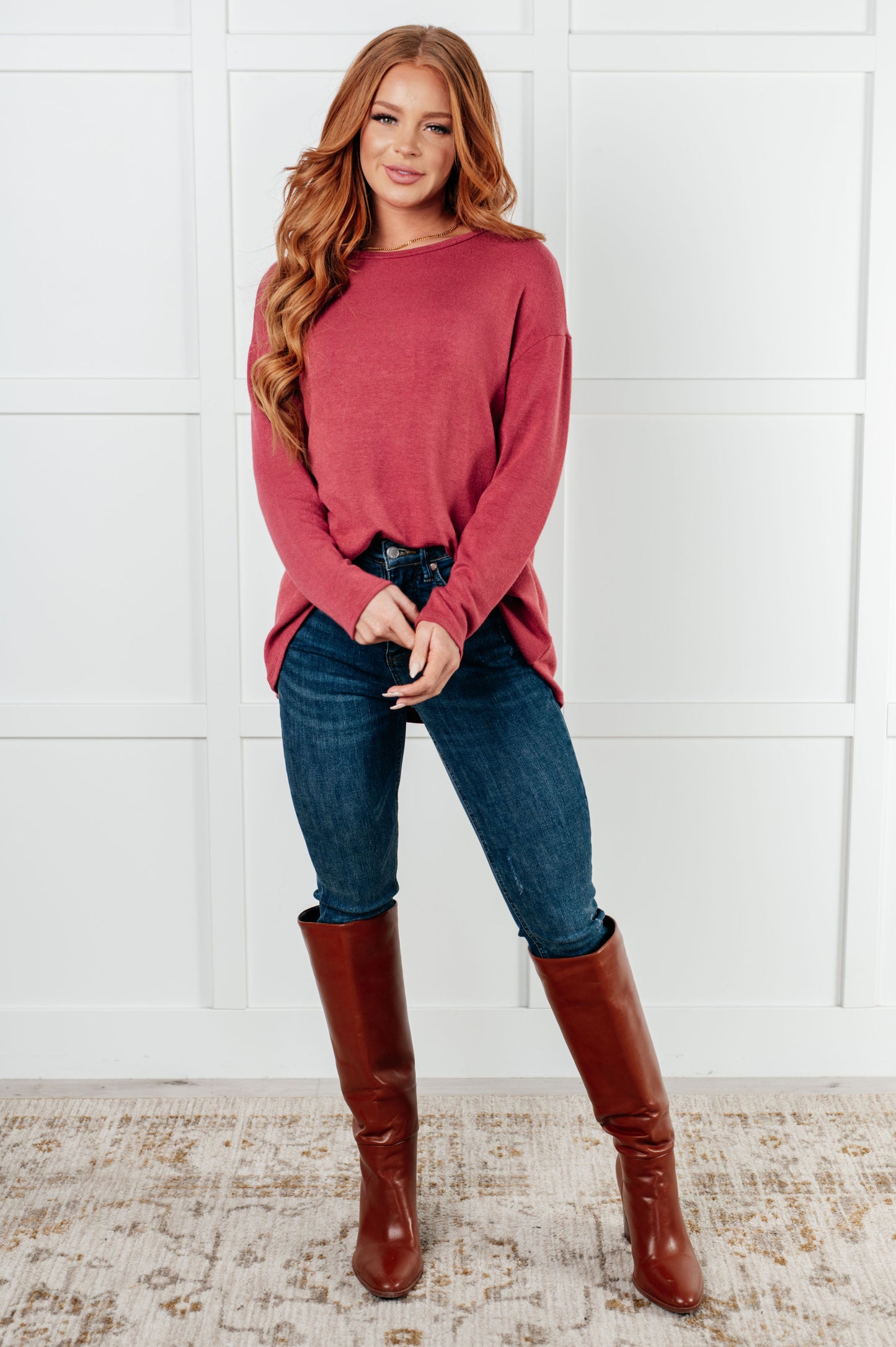 Corey Long Sleeve Top in Berry, made of lightweight brushed hacci knit fabric with a drop shoulder design for a cozy and stylish fit.