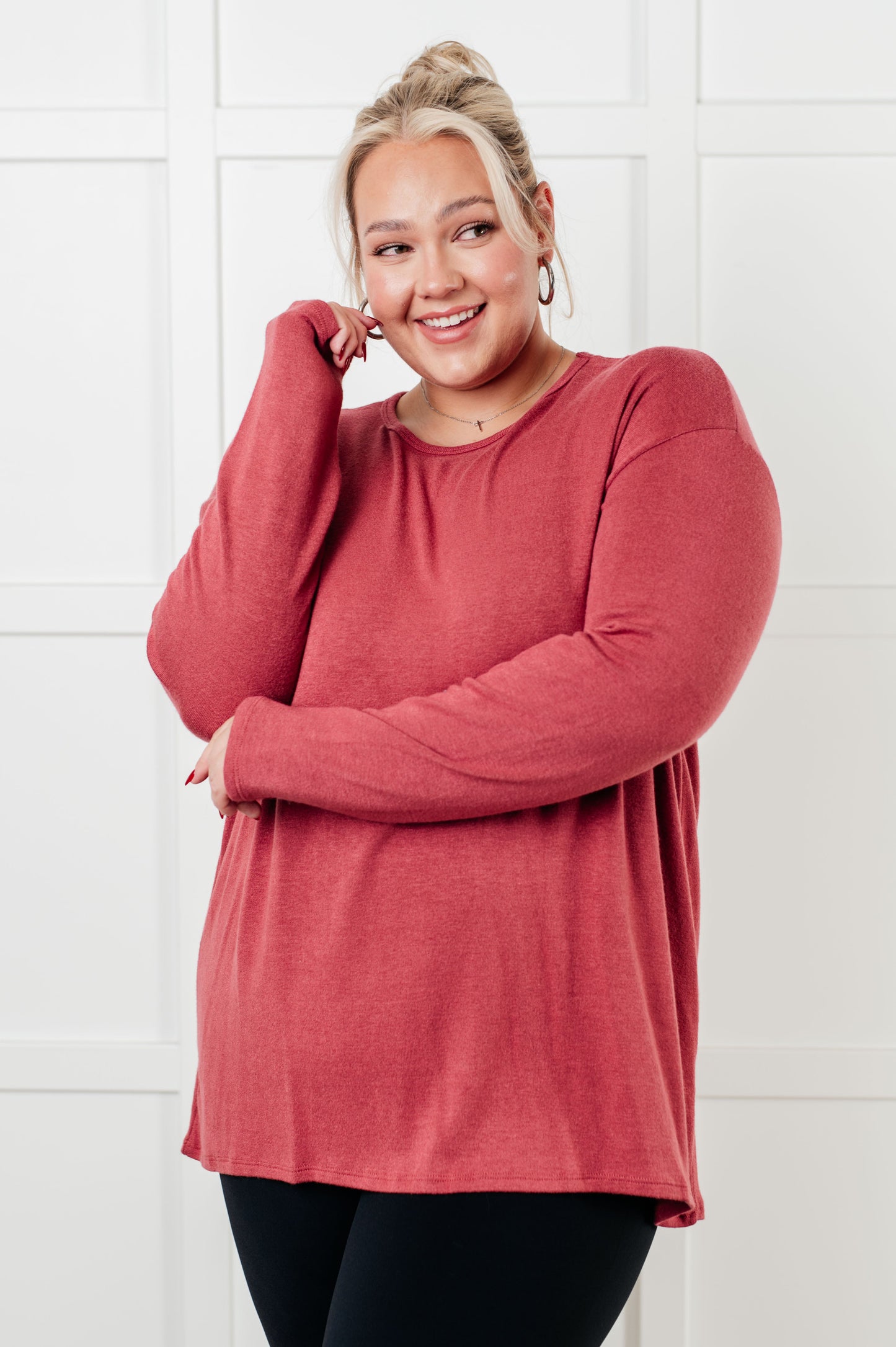 Corey Long Sleeve Top in Berry, made of lightweight brushed hacci knit fabric with a drop shoulder design for a cozy and stylish fit.