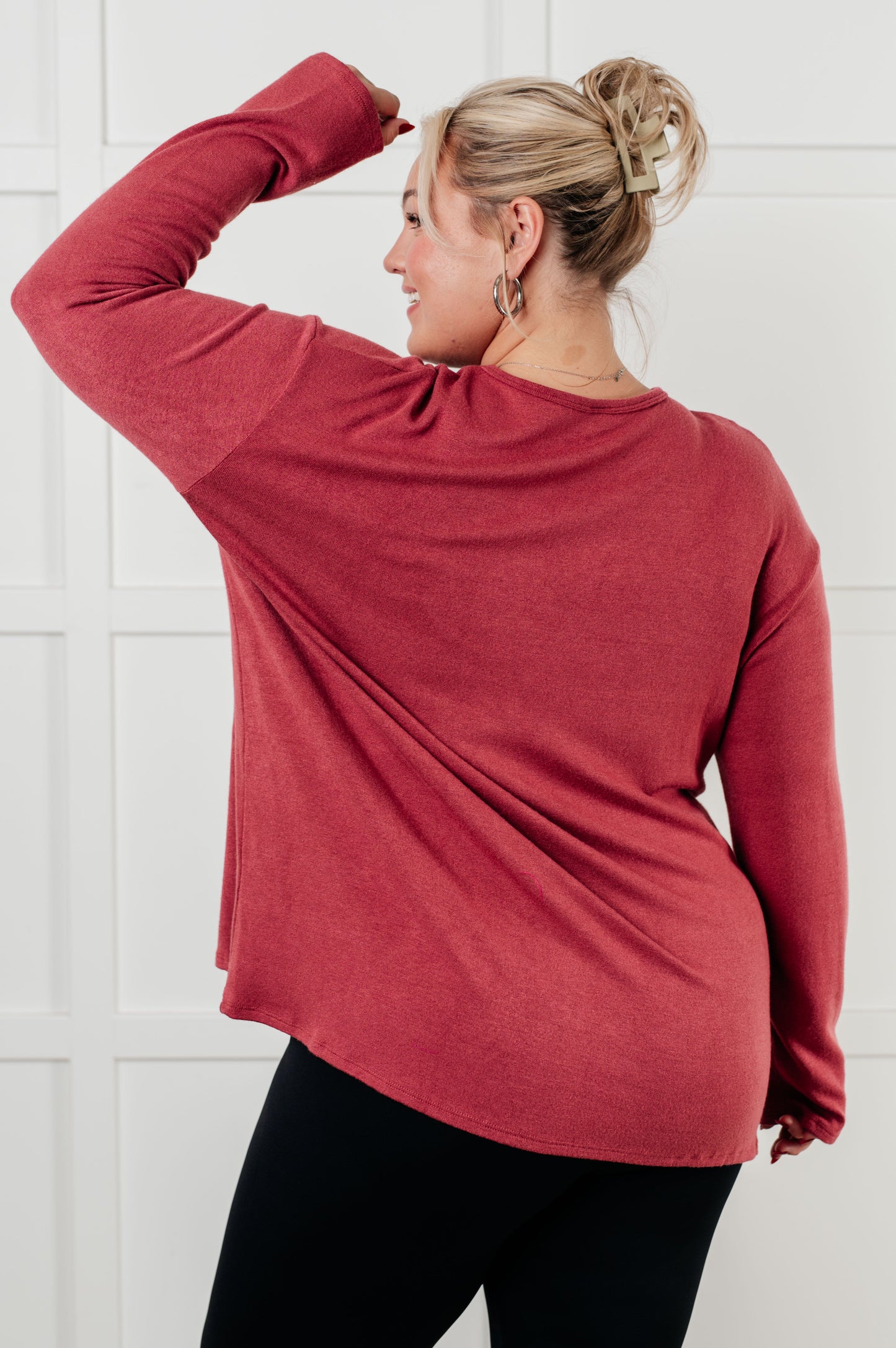 Corey Long Sleeve Top in Berry, made of lightweight brushed hacci knit fabric with a drop shoulder design for a cozy and stylish fit.