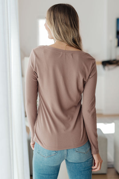 Back view of Indie Long Sleeve V-Neck Top in Beige with smooth ribbed knit fabric.