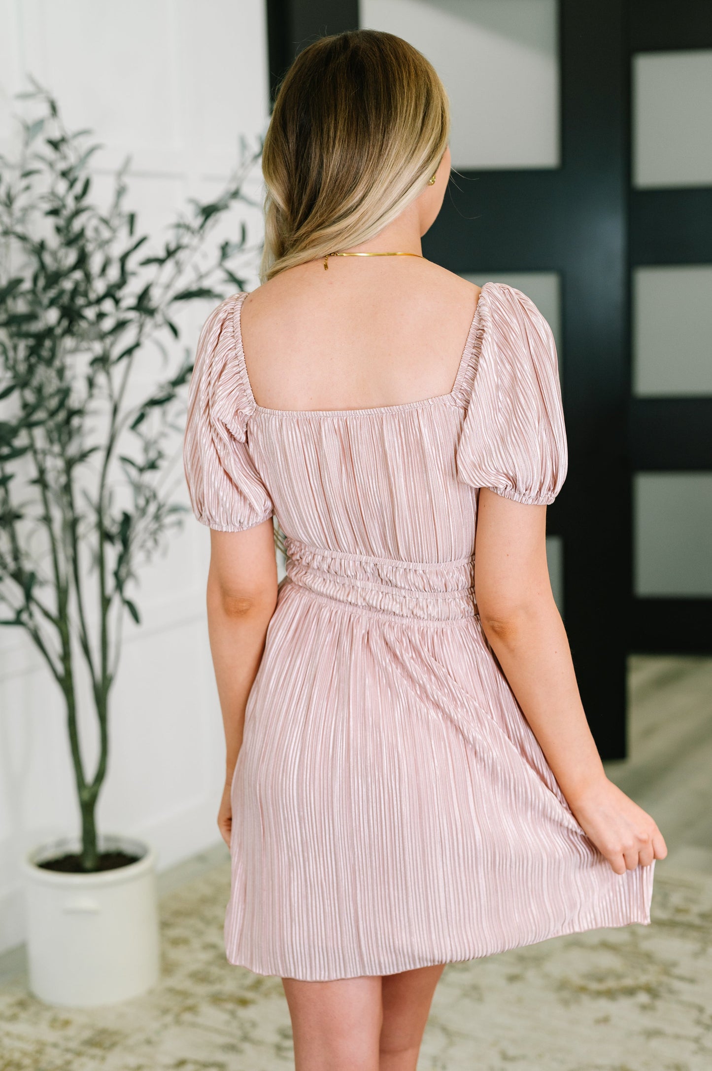 Astrid Balloon Sleeve Dress - Off-Shoulder, Satin Plissé
