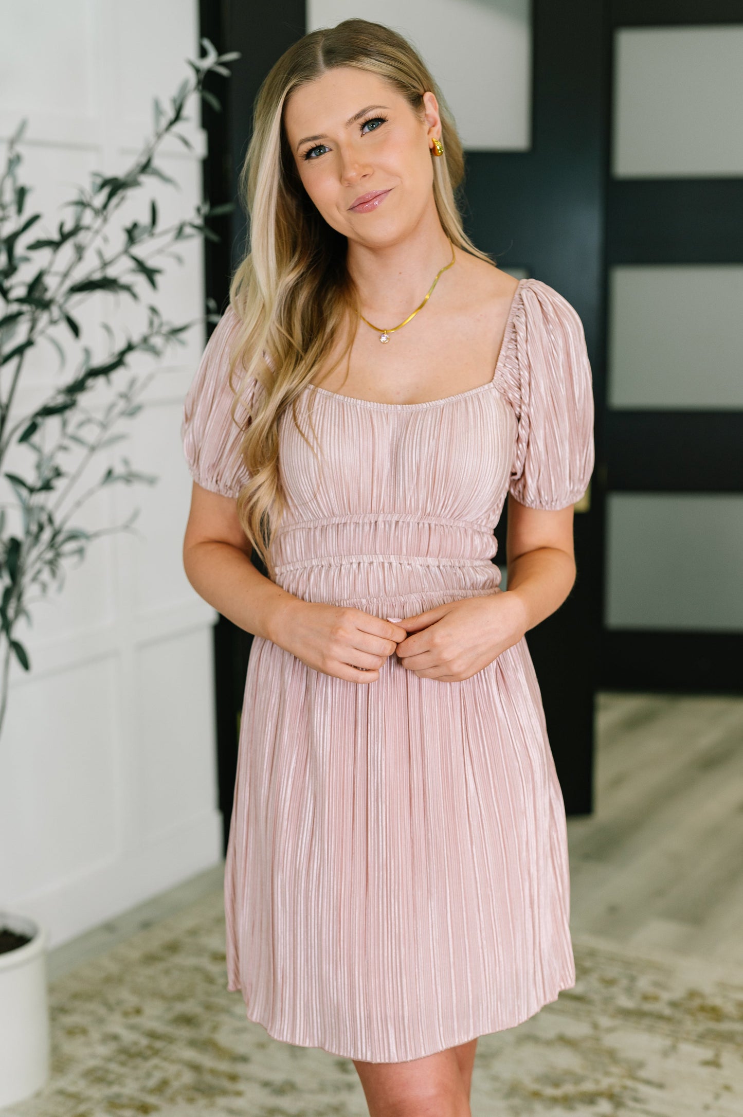 Astrid Balloon Sleeve Dress - Off-Shoulder, Satin Plissé