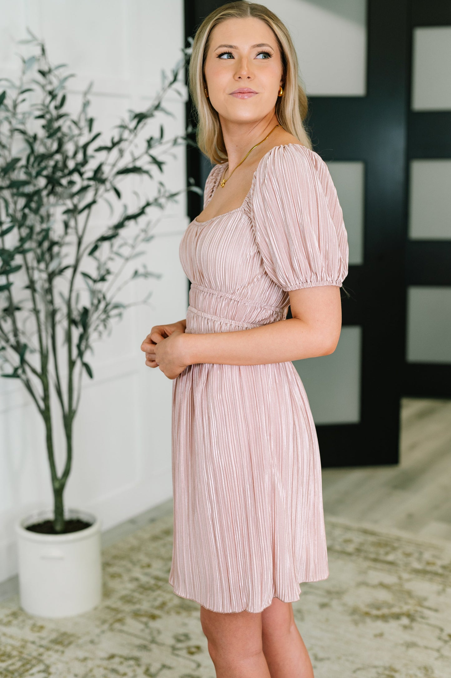Astrid Balloon Sleeve Dress - Off-Shoulder, Satin Plissé