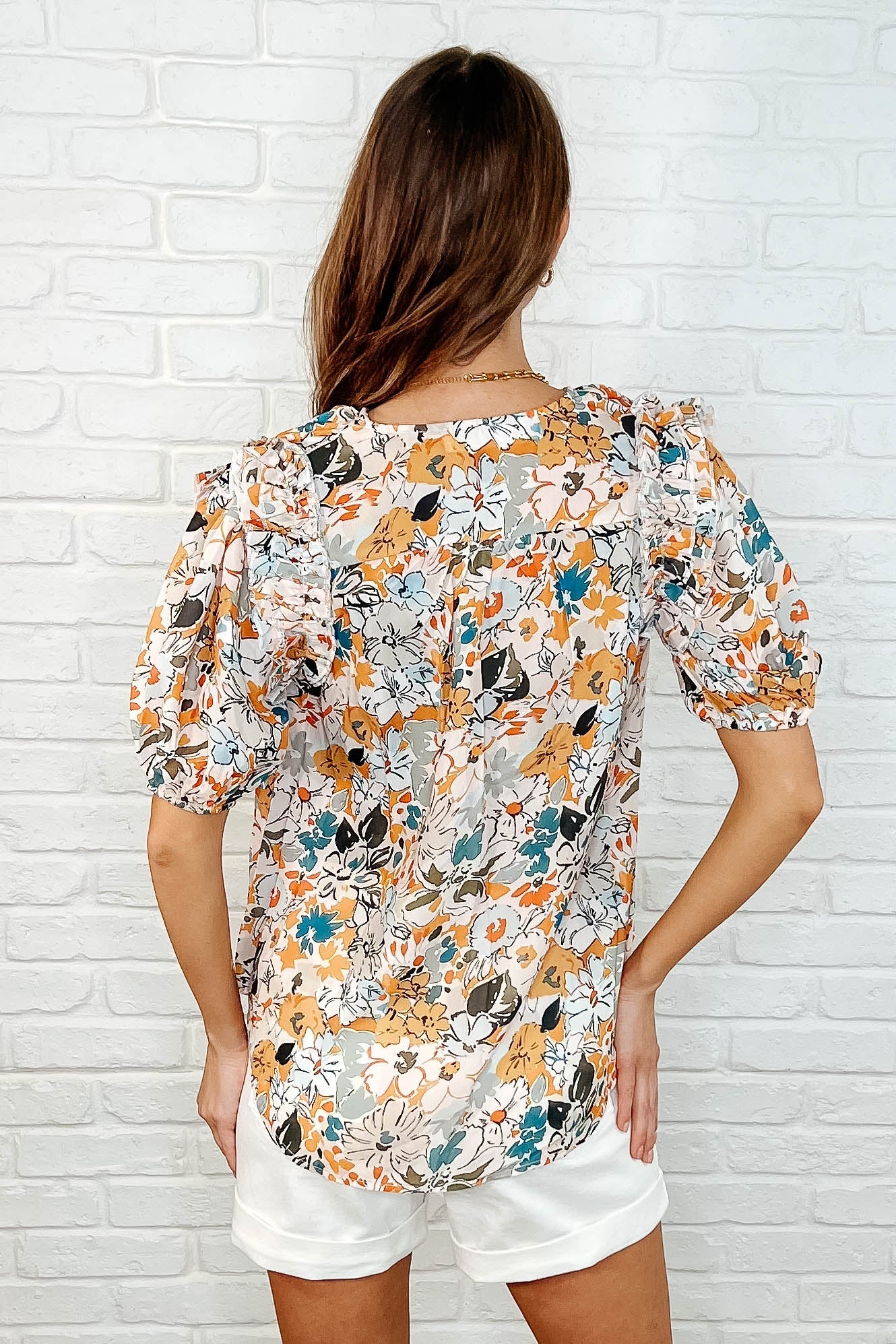 Iona Floral Blouse - V-Neck, Balloon Sleeves, Ruffled Details, Multicolor Polyester Crepe