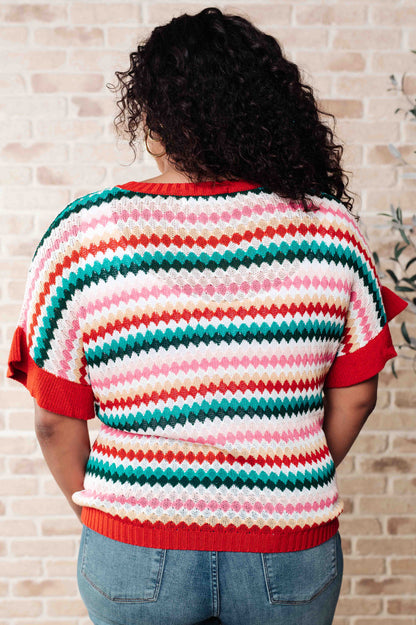 Plus size back view of Novalee striped knit top highlighting multicolor stripes and ribbed hem