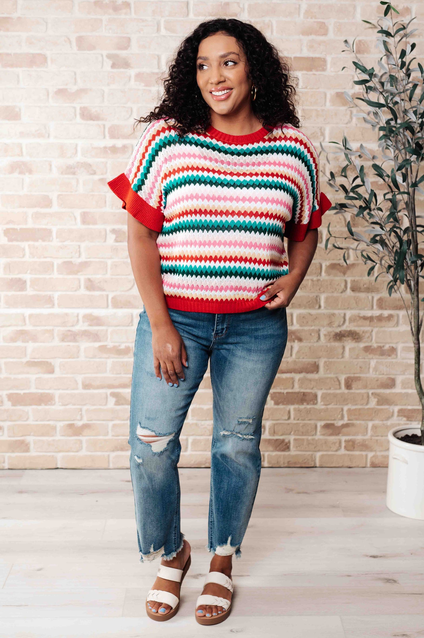 Plus size full body view of Novalee striped knit top styled with jeans for casual everyday wear