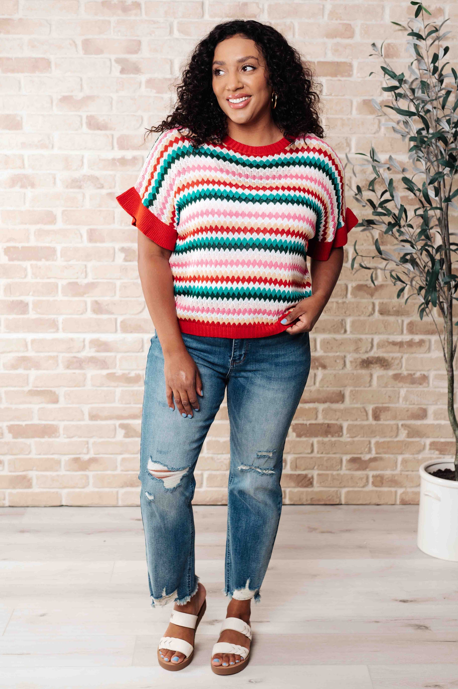 Plus size full body view of Novalee striped knit top styled with jeans for casual everyday wear