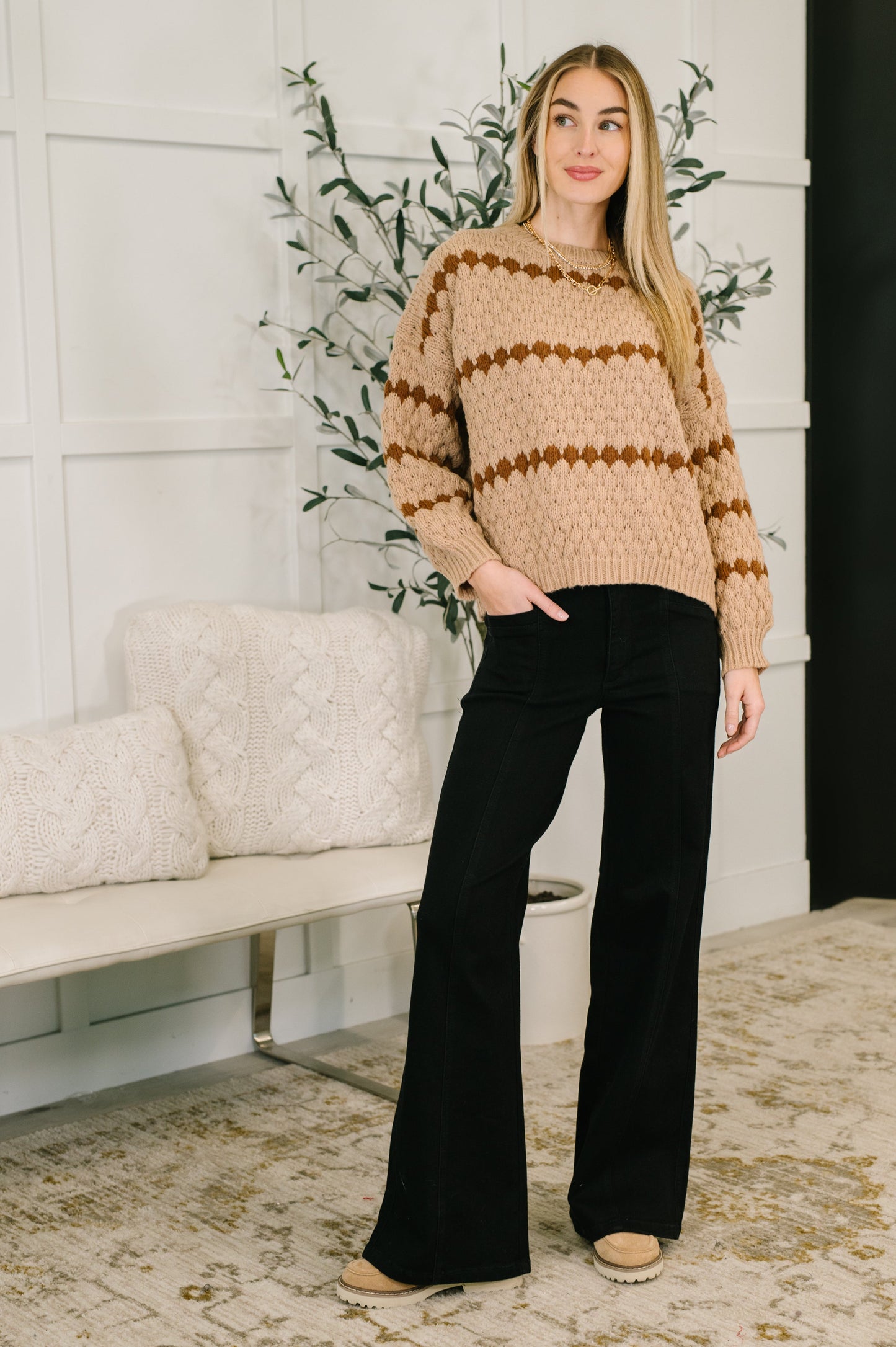Front view of Laney Textured Sweater showing round neckline and ribbed hemline.