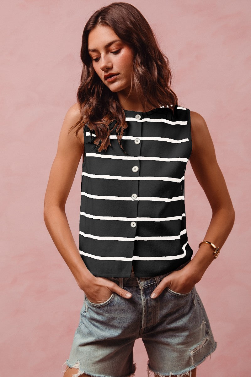 Model wearing Jamie Button Front Stripe Fine Sweater Sleeveless Top in black and off white stripes.