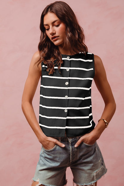 Model wearing Jamie Button Front Stripe Fine Sweater Sleeveless Top in black and off white stripes.
