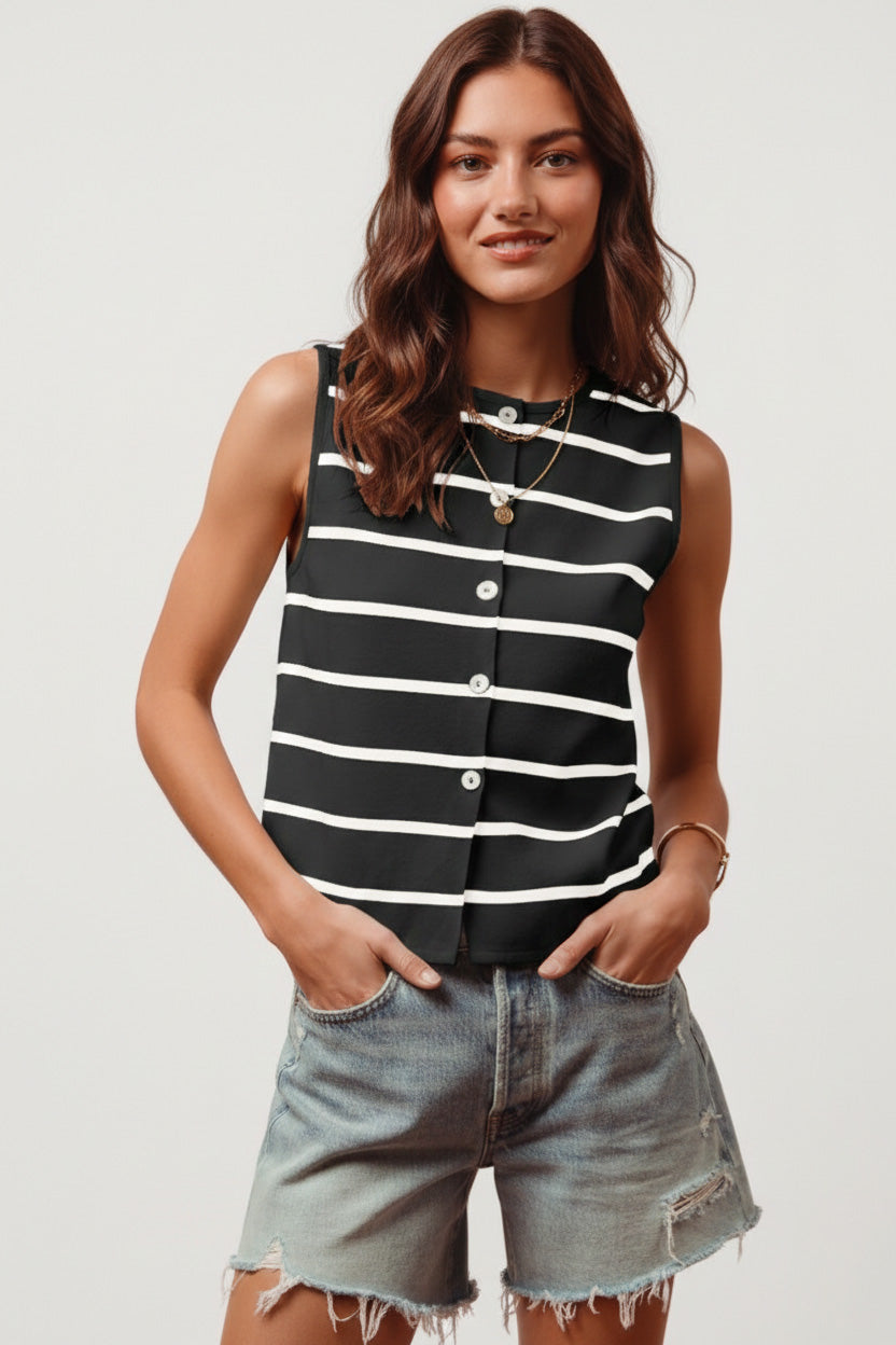 Front view of Jamie Button Front Stripe Fine Sweater Sleeveless Top with round neckline.