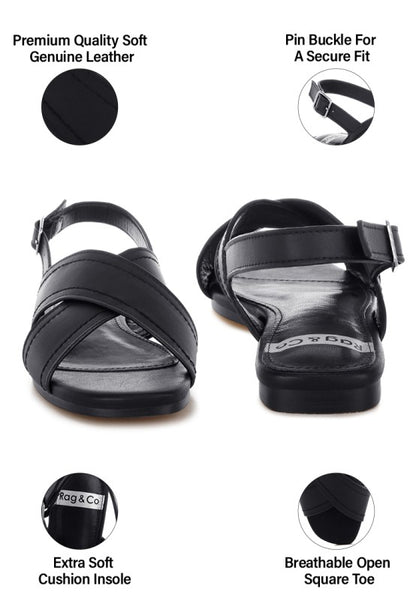 Close up of Jamon Classic Cross-Strap Buckled Flats in Black genuine leather detail.