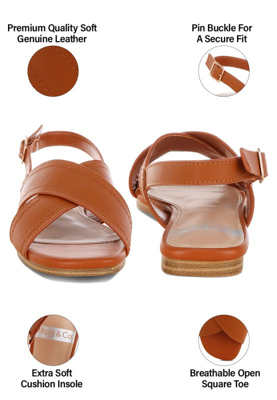 Close up of Jamon Classic Cross-Strap Buckled Flats in Tan genuine leather finish.