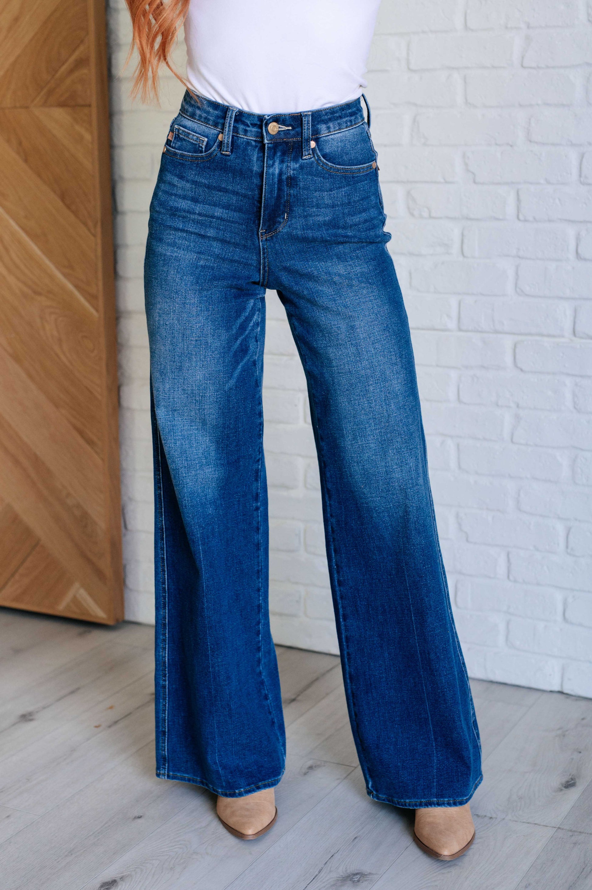 Judy Blue High Rise Control Top Retro Wide Leg Jeans in dark wash, featuring a zip fly, tummy control, and wide-leg silhouette