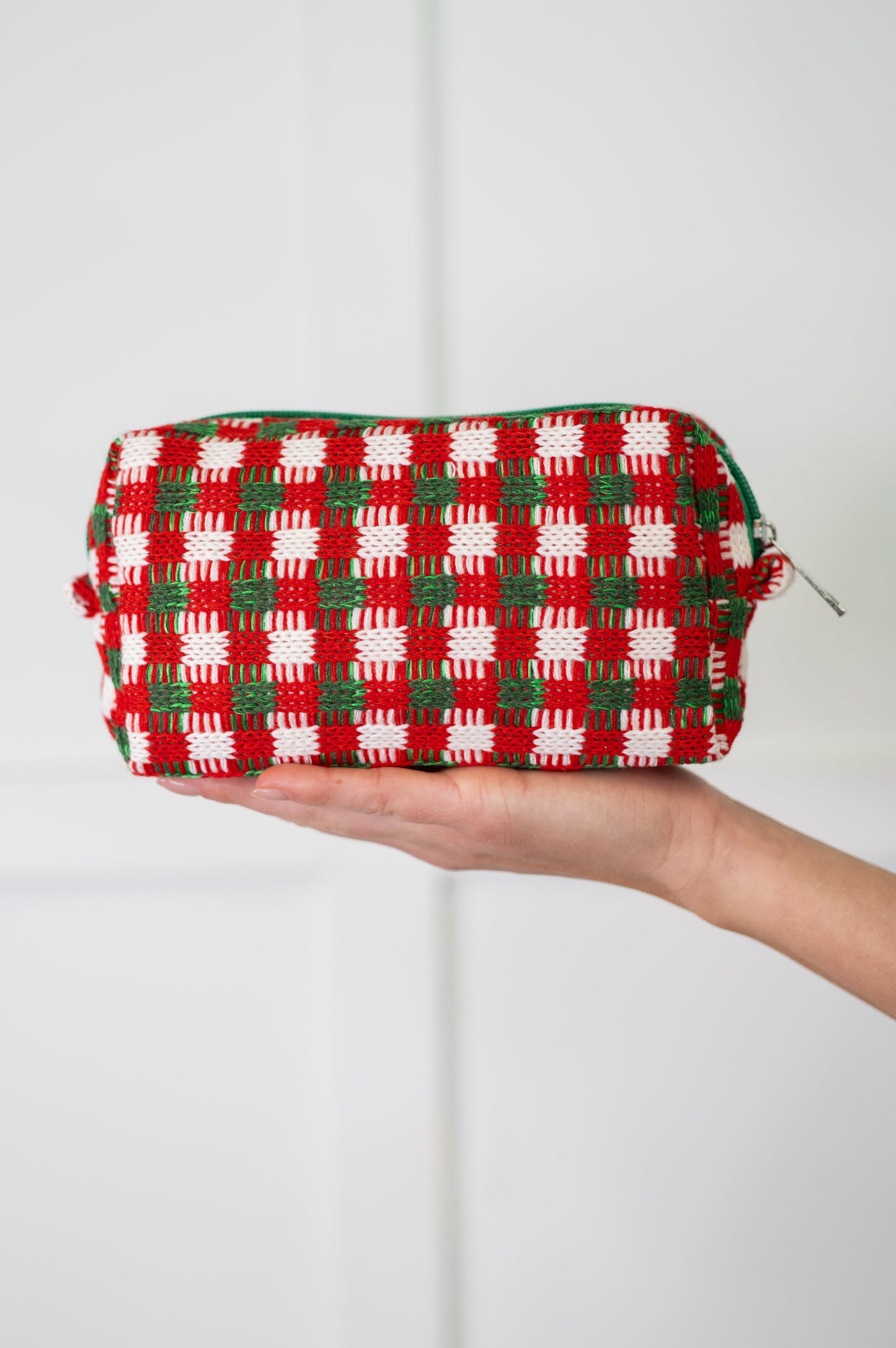 Front view of Jolly Holiday Textured Woven Zip Bag showing crochet-style texture.