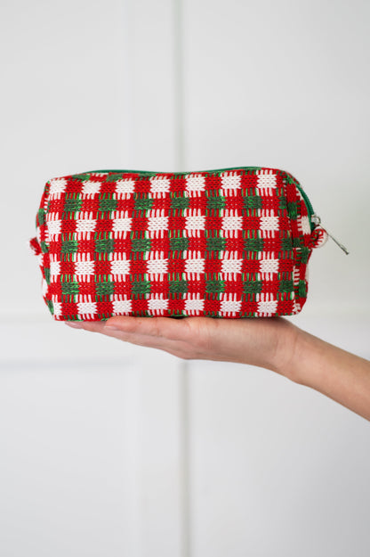 Front view of Jolly Holiday Textured Woven Zip Bag showing crochet-style texture.