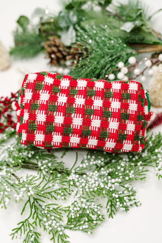 Jolly Holiday Textured Woven Zip Bag with green zipper and silver hardware.