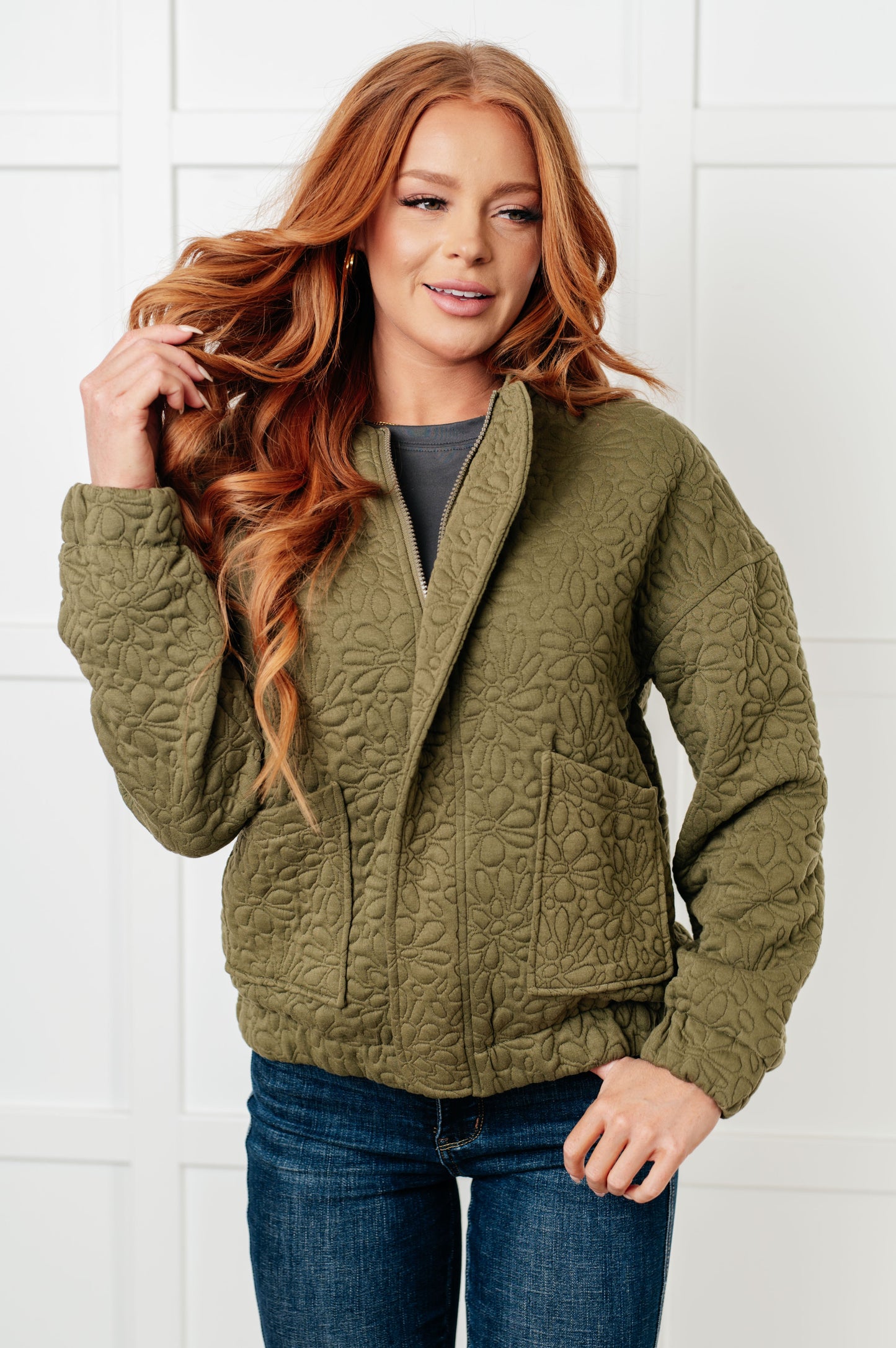 June Quilted Zip Up Jacket - Olive Lined Layer
