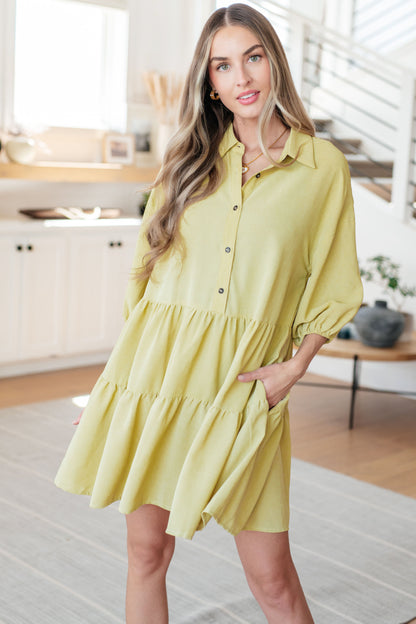 Jessie Tiered Mini Dress in pear green with collared neckline, puffed sleeves, and flirty tiered skirt.