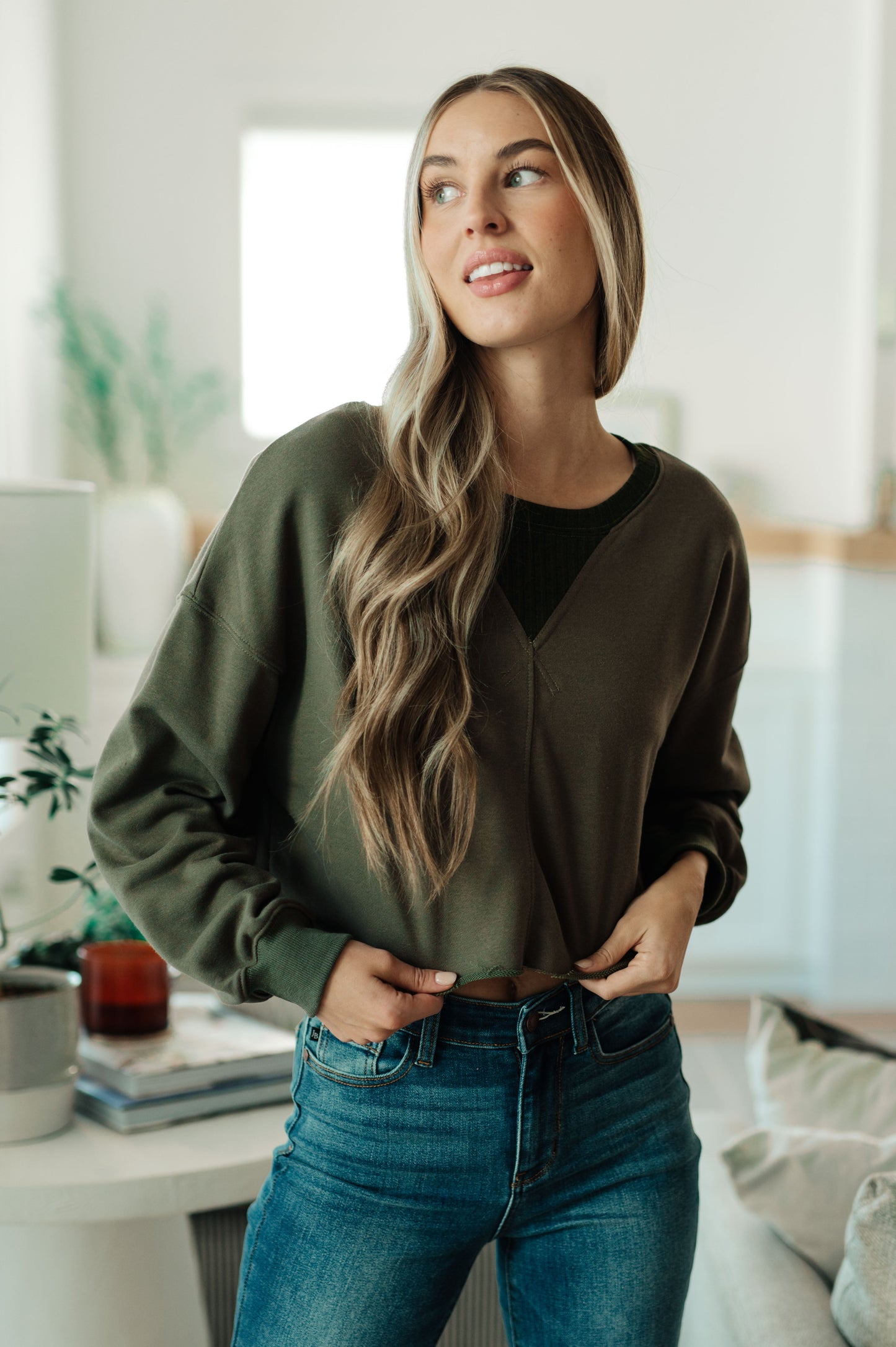 Justine Olive Crop Pullover - French Terry Sweatshirt