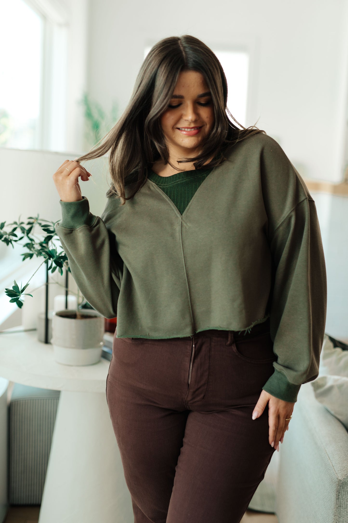 Justine Olive Crop Pullover - French Terry Sweatshirt