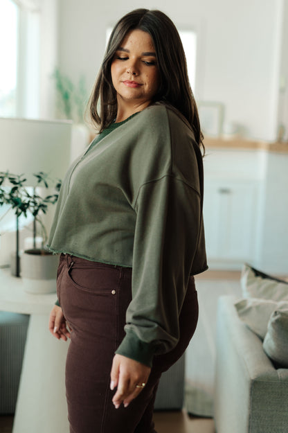 Justine Olive Crop Pullover - French Terry Sweatshirt