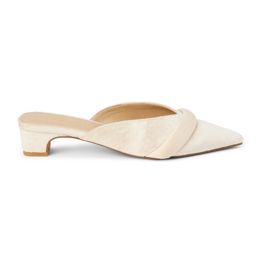Kellan Heeled Mule by Matisse in ivory with pointed toe and satin crossover strap.