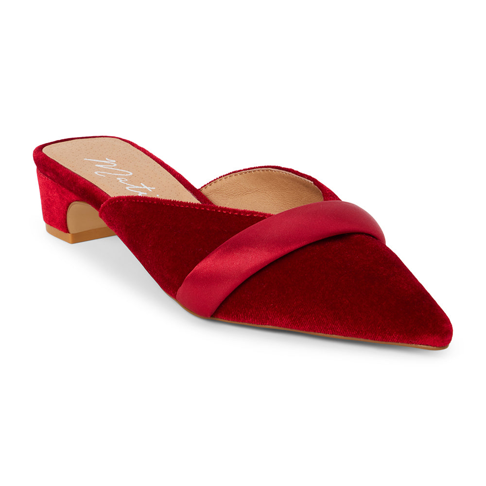 Kellan Heeled Mule by Matisse in red velvet with pointed toe and kitten heel.