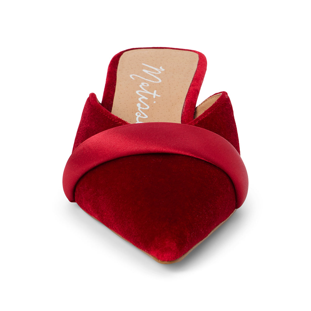 Texture close-up of Kellan Heeled Mule by Matisse showing satin crossover strap.