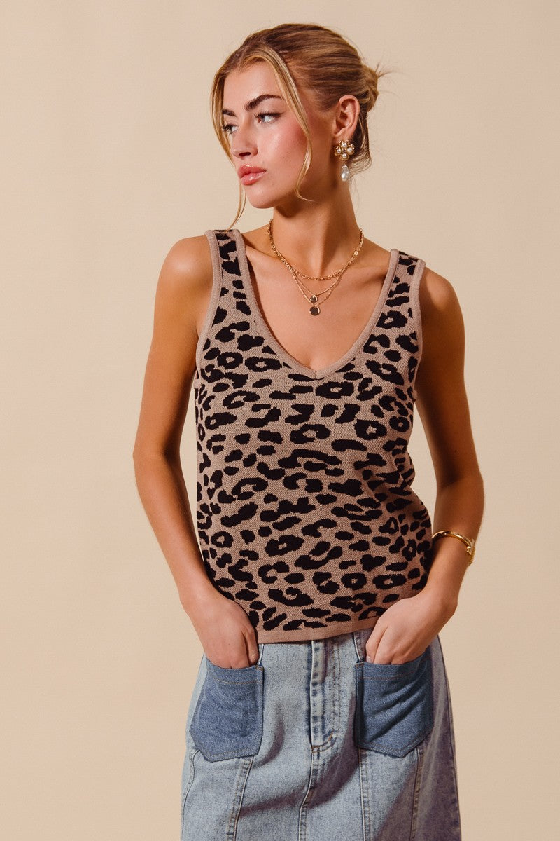 Front view of Katie Leopard Tank showing leopard print and flattering v neckline.