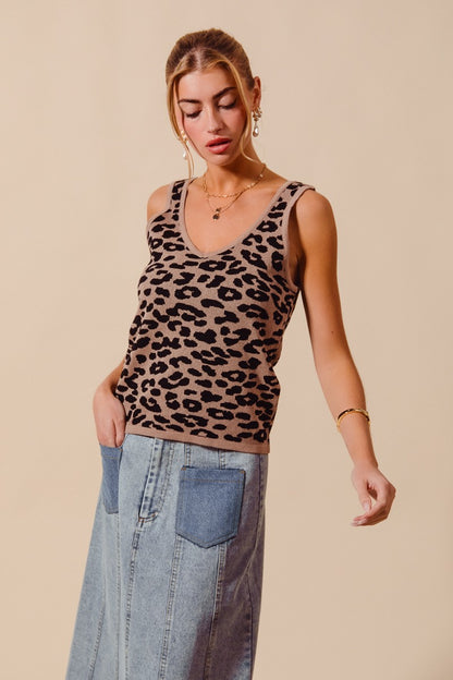 Angled view of Katie Leopard Tank flattering sleeveless silhouette.